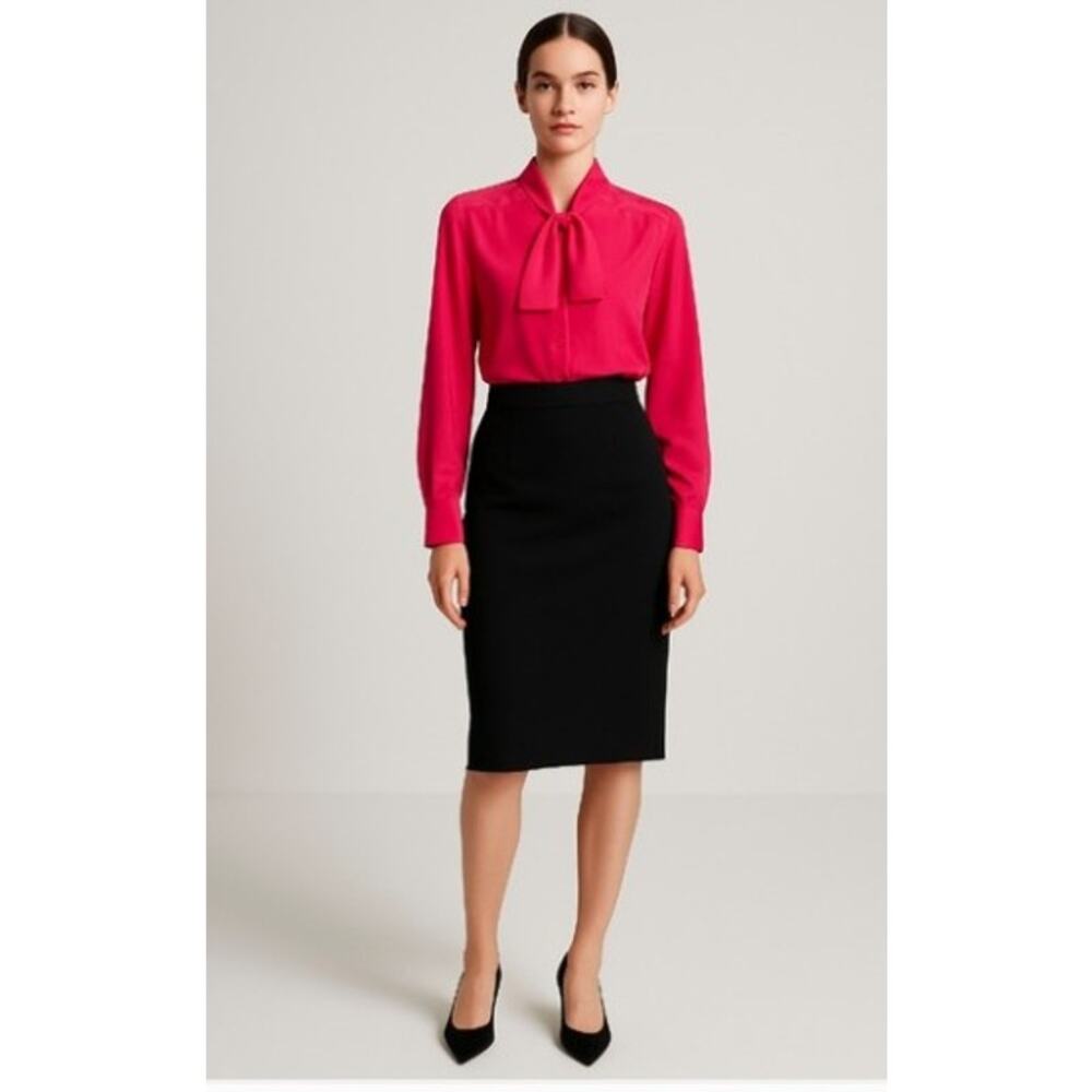 VINTAGE red tie neck long sleeve silky blouse size Large office career work